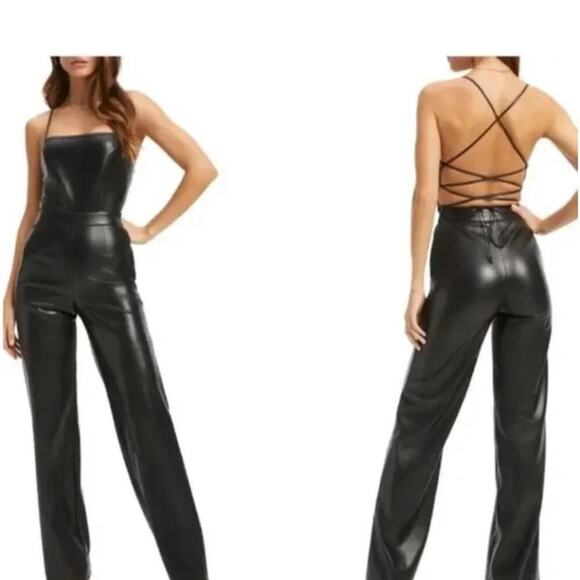 NEW Good American Black Vacay Faux Leather Jumpsuit Womens Size 1 Wide Leg